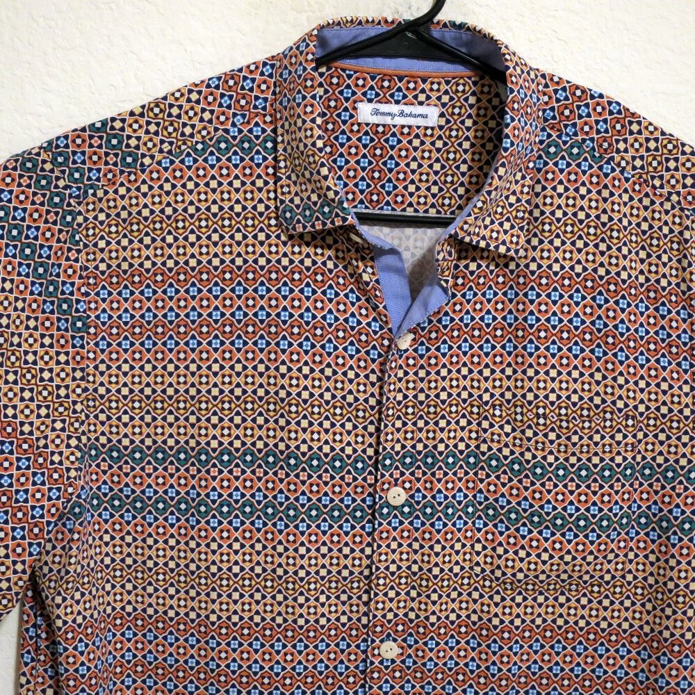Tommy Bahama Shirt Mens Large Short Sleeve Button Silk Orange Yellow Stars